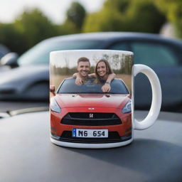 A ceramic mug with a photo of two smiling friends, neatly positioned on the hood of a glistening GTR 650 car.