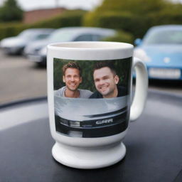 A ceramic mug with a photo of two smiling friends, neatly positioned on the hood of a glistening GTR 650 car.