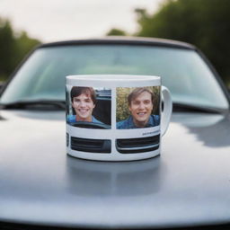 A ceramic mug with a photo of two smiling friends, neatly positioned on the hood of a glistening GTR 650 car.