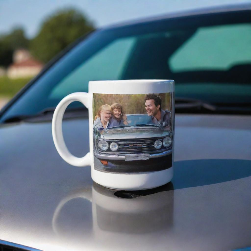 A ceramic mug with a photo of two smiling friends, neatly positioned on the hood of a glistening GTR 650 car.