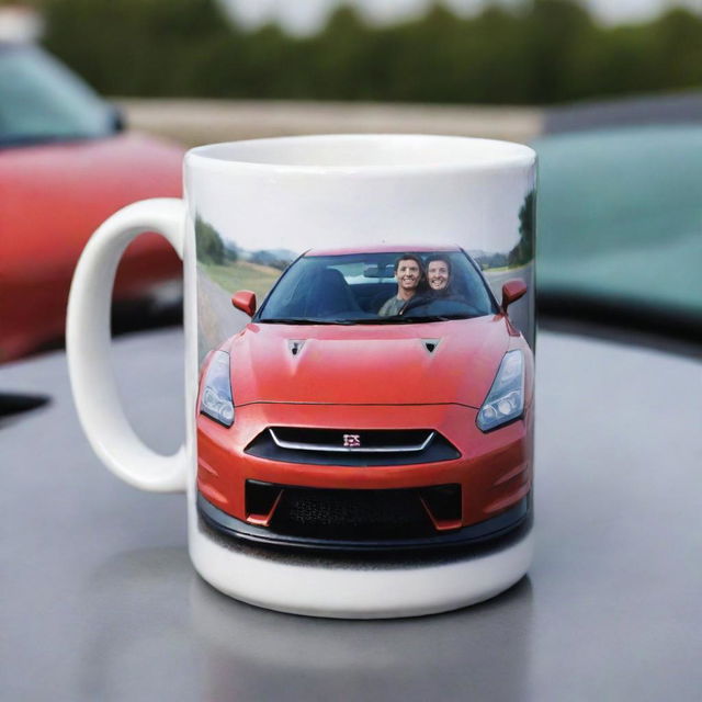 A ceramic mug featuring a photograph of two smiling friends, sitting on the hood of a gleaming Nissan GTR.