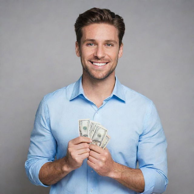 A confident man casually holding $1000 in cash