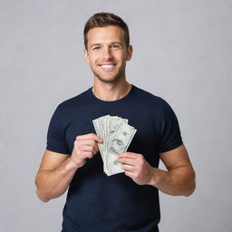 A confident man casually holding $1000 in cash