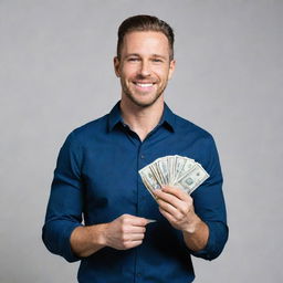 A confident man casually holding $1000 in cash