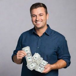 A confident man casually holding $1000 in cash