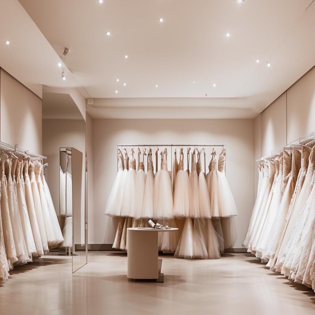 Design wedding dress store with racks along the walls, an area with a full-length mirror and a stage for fittings, ensuring spacious browsing pathways.