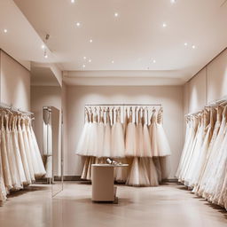 Design wedding dress store with racks along the walls, an area with a full-length mirror and a stage for fittings, ensuring spacious browsing pathways.