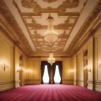 The ornate crown molding and elegant chandeliers ennoble the grand ballroom, giving it a regal atmosphere.