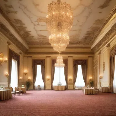 The ornate crown molding and elegant chandeliers ennoble the grand ballroom, giving it a regal atmosphere.
