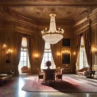 The grand chandeliers and intricate woodwork in the palace ennoble the space, adding a sense of opulence.
