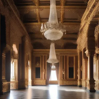 The grand chandeliers and intricate woodwork in the palace ennoble the space, adding a sense of opulence.