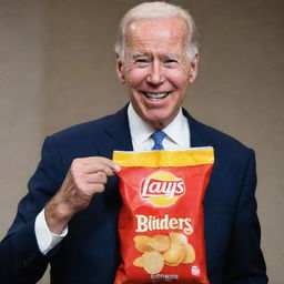 Joe Biden cheerfully holding a bag of Lay's potato chips.