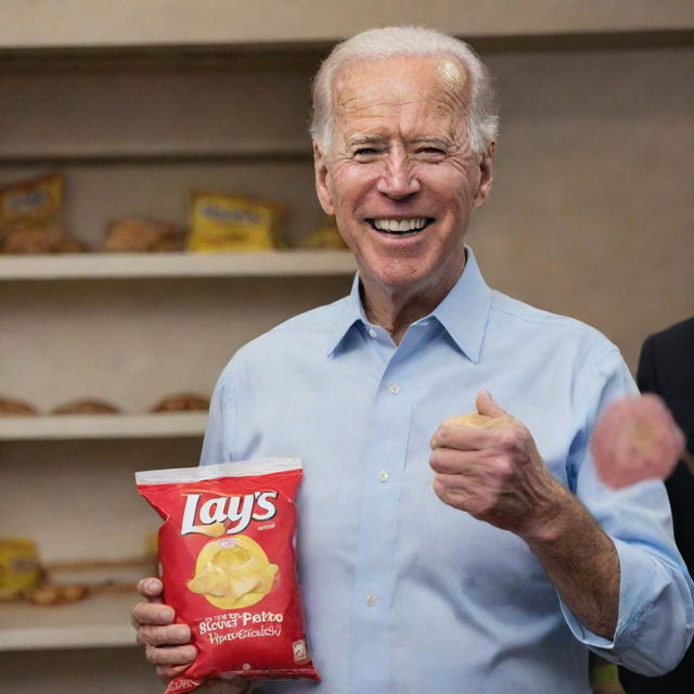 Joe Biden cheerfully holding a bag of Lay's potato chips.