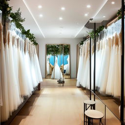 Design wedding dress store with racks along the walls, an area with a full-length mirror and a stage for fittings, ensuring spacious browsing pathways.