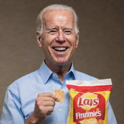 Joe Biden cheerfully holding a bag of Lay's potato chips.