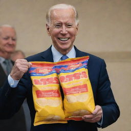 Joe Biden cheerfully holding a bag of Lay's potato chips.