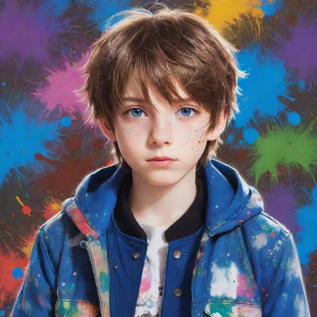 An adorable anime boy with sparkling blue eyes and brown hair, dressed in a stylish jacket. The background features a vibrant, colourful paint splatter.