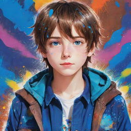 An adorable anime boy with sparkling blue eyes and brown hair, dressed in a stylish jacket. The background features a vibrant, colourful paint splatter.