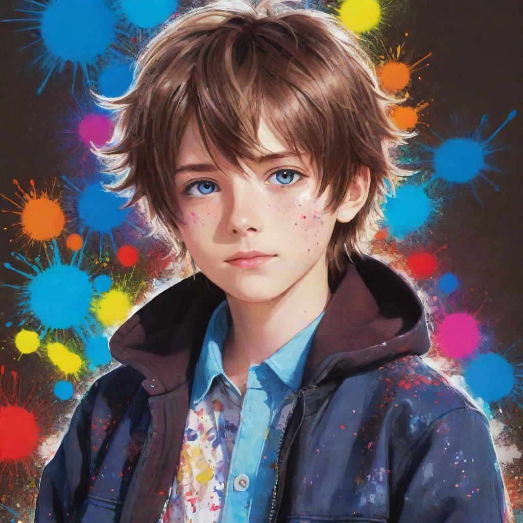 An adorable anime boy with sparkling blue eyes and brown hair, dressed in a stylish jacket. The background features a vibrant, colourful paint splatter.