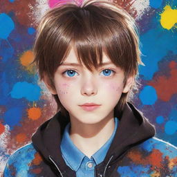 An adorable anime boy with sparkling blue eyes and brown hair, dressed in a stylish jacket. The background features a vibrant, colourful paint splatter.