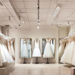 Design wedding dress store with racks along the walls, an area with a full-length mirror and a stage for fittings, ensuring spacious browsing pathways.