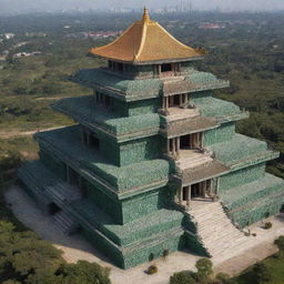 A grand, mega-architecture masterpiece in the shape of a temple, innovatively constructed using recycled plastic bottles