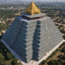 A grand, mega-architecture masterpiece in the shape of a temple, innovatively constructed using recycled plastic bottles