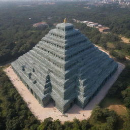 A grand, mega-architecture masterpiece in the shape of a temple, innovatively constructed using recycled plastic bottles