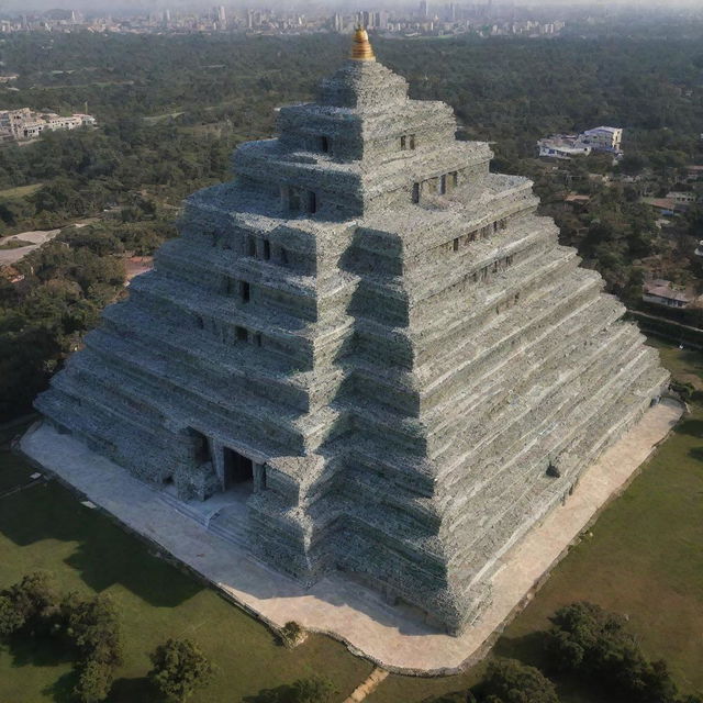 A grand, mega-architecture masterpiece in the shape of a temple, innovatively constructed using recycled plastic bottles