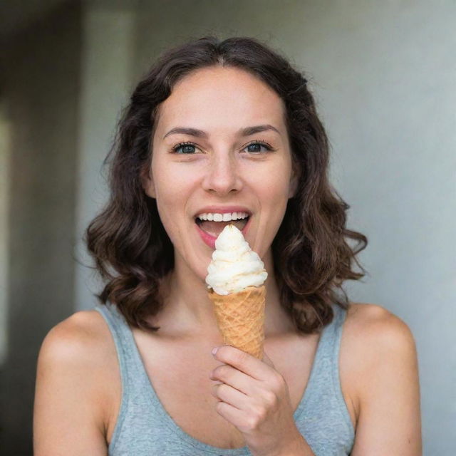 A woman delightfully enjoying an ice cream cone held in her hands.