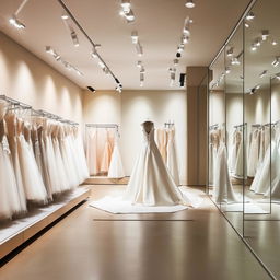 Design wedding dress store with racks along the walls, an area with a full-length mirror and a stage for fittings, ensuring spacious browsing pathways.