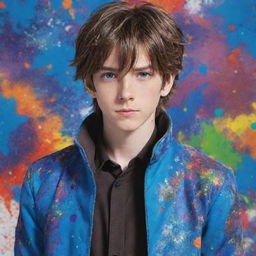 A handsome anime boy with brown hair and azure blue eyes, clad in an appealing jacket. Behind him, is a vibrant array of colorful splatters serving as the backdrop.