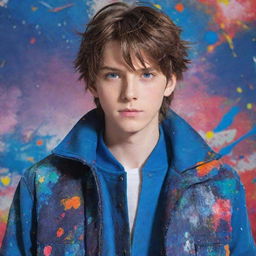 A handsome anime boy with brown hair and azure blue eyes, clad in an appealing jacket. Behind him, is a vibrant array of colorful splatters serving as the backdrop.