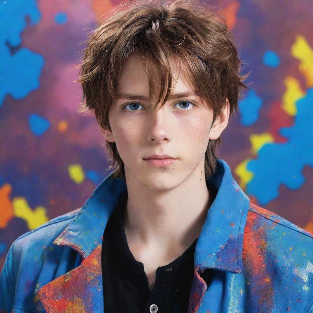 A handsome anime boy with brown hair and azure blue eyes, clad in an appealing jacket. Behind him, is a vibrant array of colorful splatters serving as the backdrop.