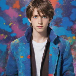 A handsome anime boy with brown hair and azure blue eyes, clad in an appealing jacket. Behind him, is a vibrant array of colorful splatters serving as the backdrop.