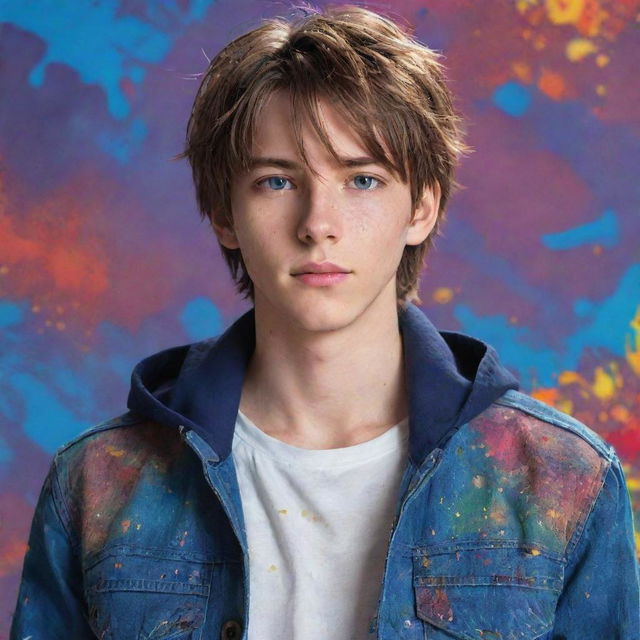 Handsome anime boy with brown hair and blue eyes, wearing a jacket, against a background of colorful splatter. The style is not realistic and leans more towards anime art.