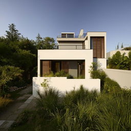 Architectural design of a 4-room house with an en-suite washroom and a lush rooftop garden, featuring underground car parking