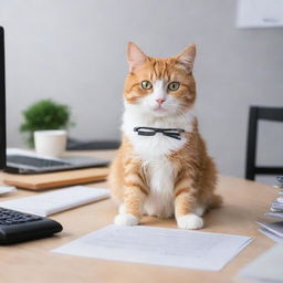 A cute cat sitting in an office setting, pretending to do office work with papers, pen and spectacles.