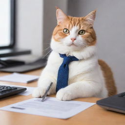 A cute cat sitting in an office setting, pretending to do office work with papers, pen and spectacles.