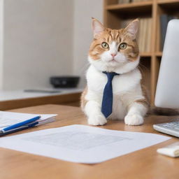 A cute cat sitting in an office setting, pretending to do office work with papers, pen and spectacles.