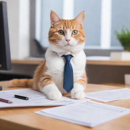 A cute cat sitting in an office setting, pretending to do office work with papers, pen and spectacles.