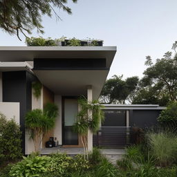 Architectural design of a 4-room house with an en-suite washroom and a lush rooftop garden, featuring underground car parking