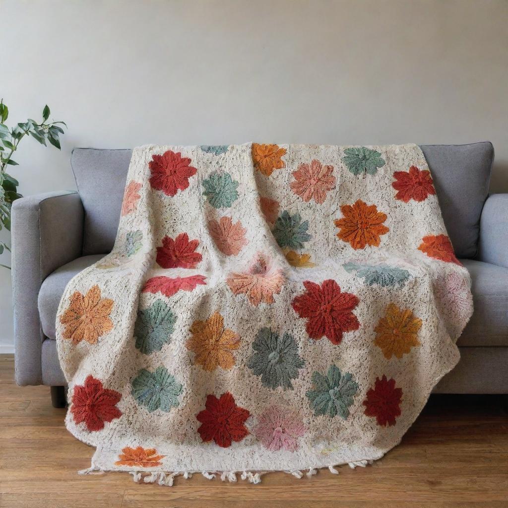 A comfy couch adorned with a hand-knitted blanket displaying an intricate floral pattern.