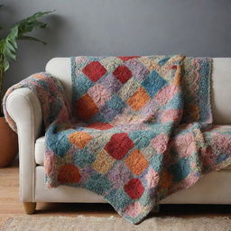 A comfy couch adorned with a hand-knitted blanket displaying an intricate floral pattern.