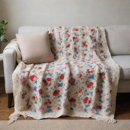 A comfy couch adorned with a hand-knitted blanket displaying an intricate floral pattern.