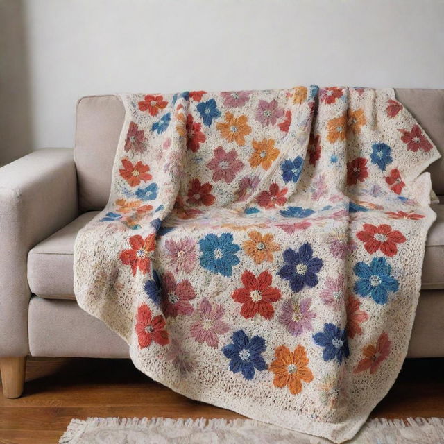 A comfy couch adorned with a hand-knitted blanket displaying an intricate floral pattern.