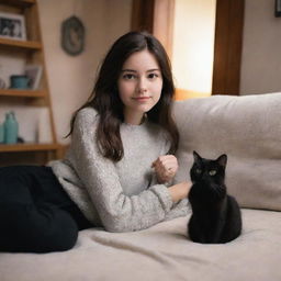 A charming Pixar-style image of a brunette girl and her black and white cat in a cozy setting.