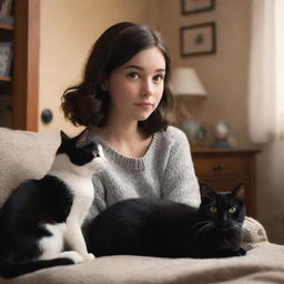 A charming Pixar-style image of a brunette girl and her black and white cat in a cozy setting.