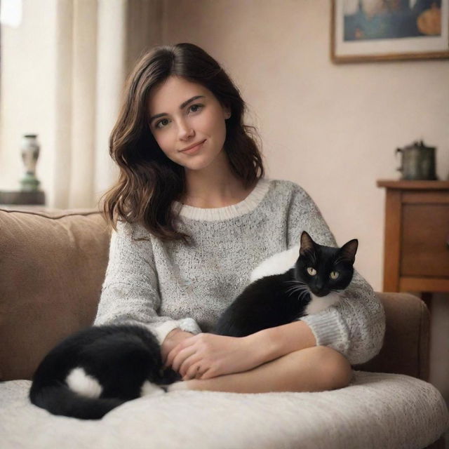 A charming Pixar-style image of a brunette girl and her black and white cat in a cozy setting.