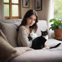 A charming Pixar-style image of a brunette girl and her black and white cat in a cozy setting.